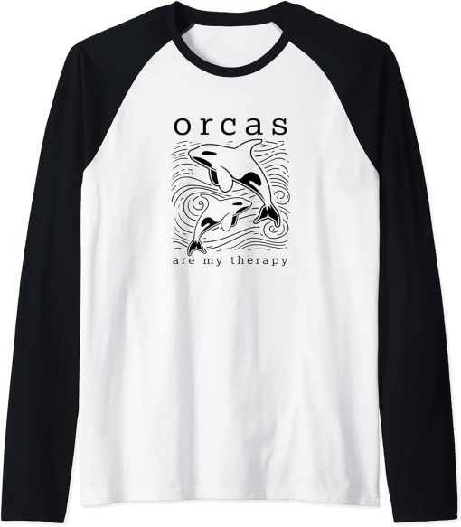 Orcas as Therapy Sea Animal Cute Whale Raglan Baseball Tee