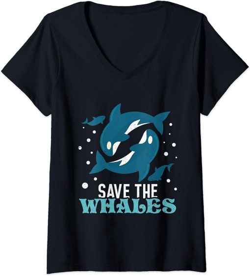 Womens Save the whales orca killer whale art design V-Neck T-Shirt