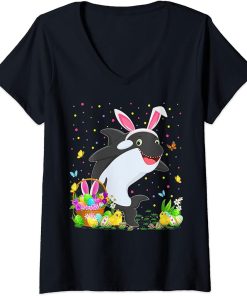 Womens Easter Orca Fish Bunny Egg Hunting Orca Easter Sunday V-Neck T-Shirt