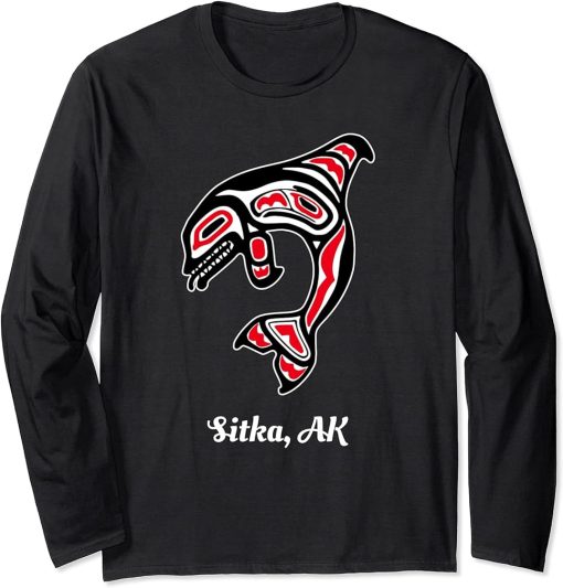 Native American Sitka AK Red Orca Killer Whale Long Sleeve T-Shirt